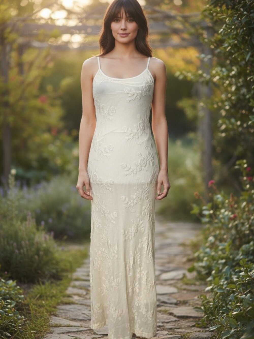 Vintage Y2K Ivory Mesh Embroidered Maxi Slip Dress USA Made Fairycore Boho Small